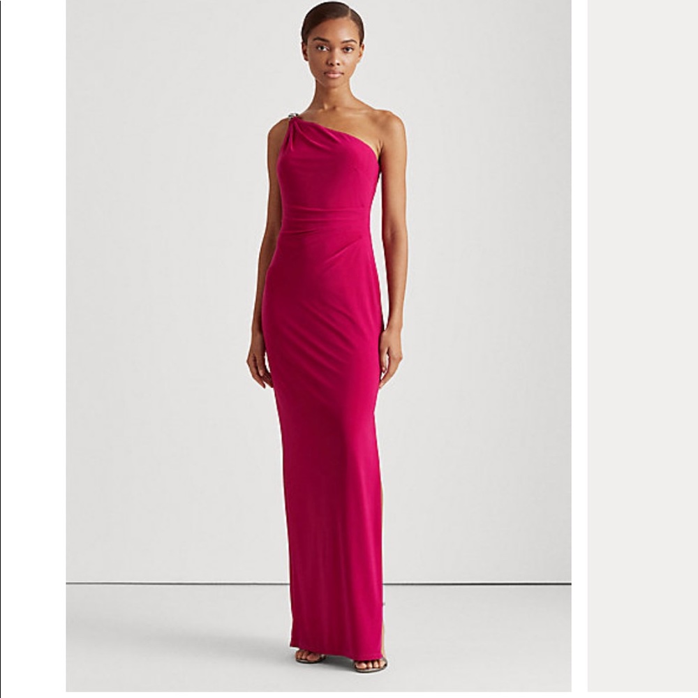 Fuschia Ralph Lauren Jersey One-Shoulder Gown